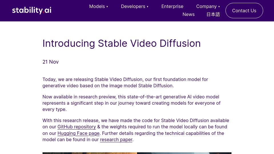 Screenshot of stability.ai: Stable Video Diffusion