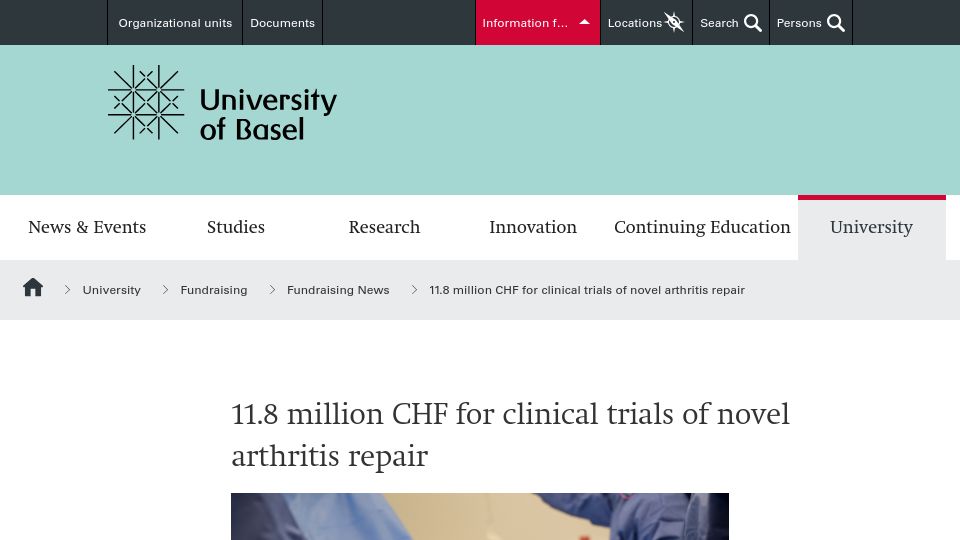 Screenshot of unibas.ch: 11.8M CHF for clinical trials of novel arthritis repair