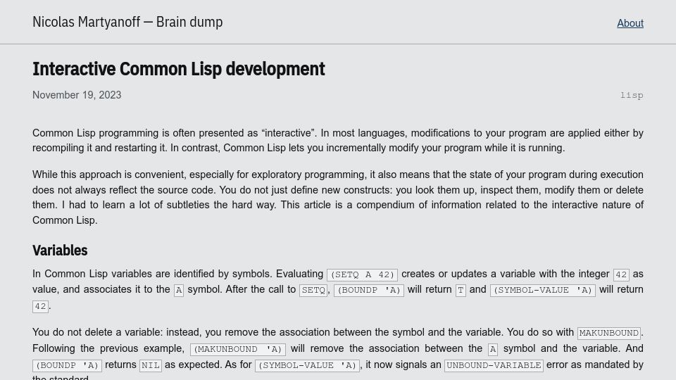 Screenshot of n16f.net: Interactive Common Lisp Development