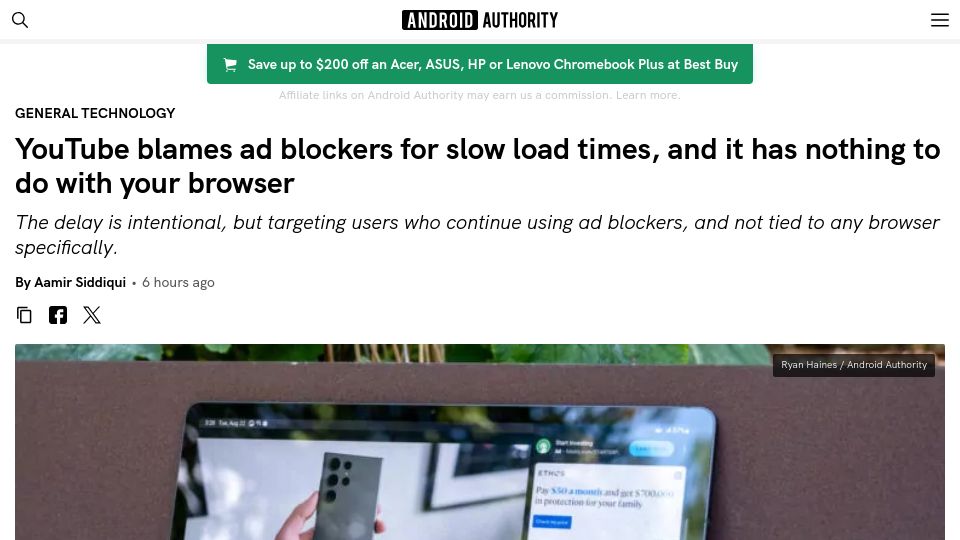 Screenshot of androidauthority.com: YouTube blames ad blockers for slow load times, not the browser