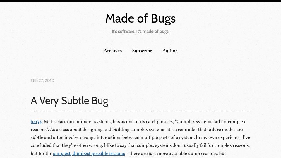Screenshot of blog.nelhage.com: A very subtle bug (2010)