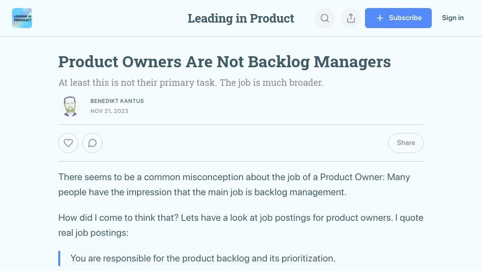Screenshot of leadinginproduct.com: Product Owners Are Not Backlog Managers