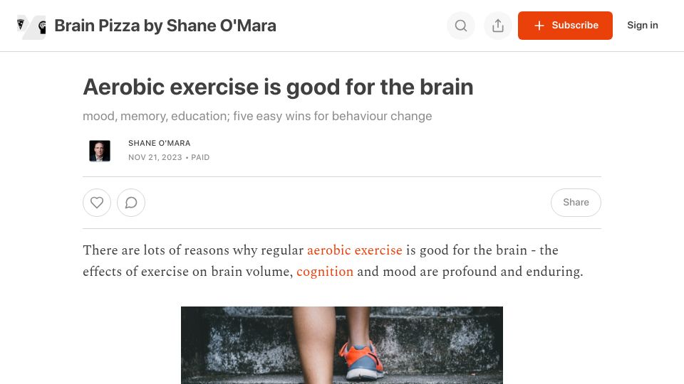 Screenshot of brainpizza.substack.com: Aerobic exercise is good for the brain; easy wins for behaviour change