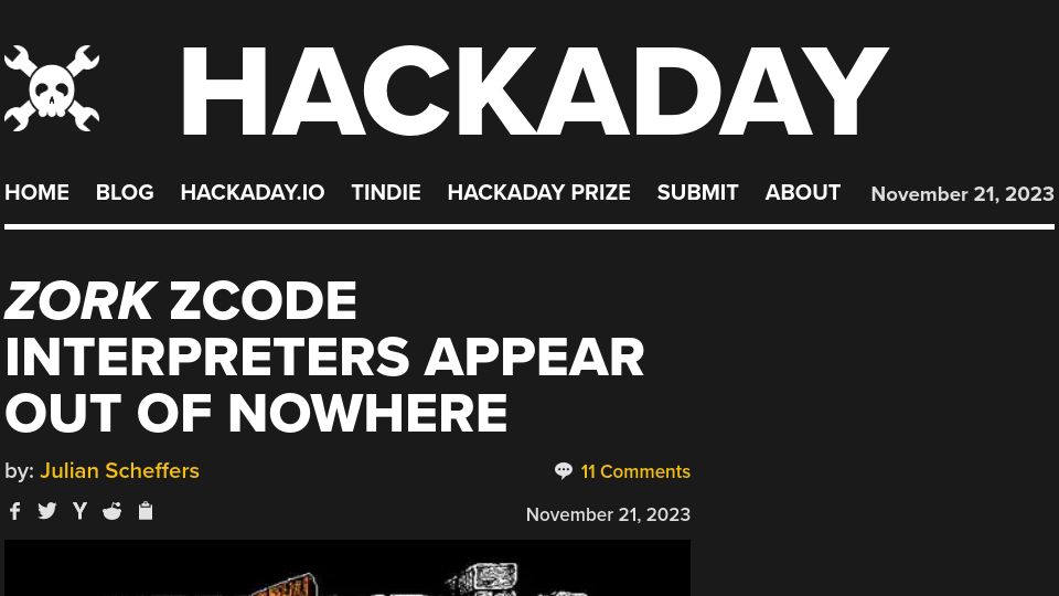 Screenshot of hackaday.com: Zork Zcode Interpreters Appear Out of Nowhere