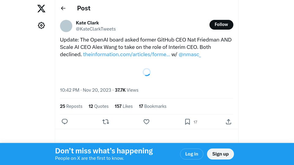 Screenshot of twitter.com: Former GitHub CEO Friedman and Scale AI CEO Wang Declined OpenAI CEO Role