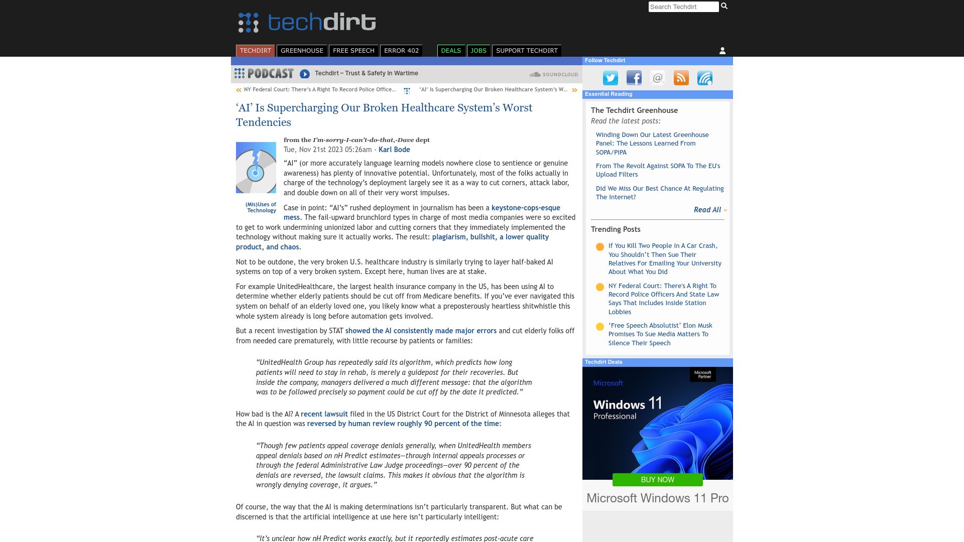 Screenshot of techdirt.com: 'AI' Is Supercharging Our Broken Healthcare System's Worst Tendencies