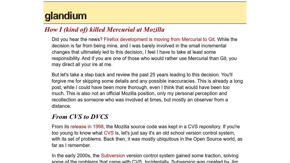 Screenshot of glandium.org: I kind of killed Mercurial at Mozilla