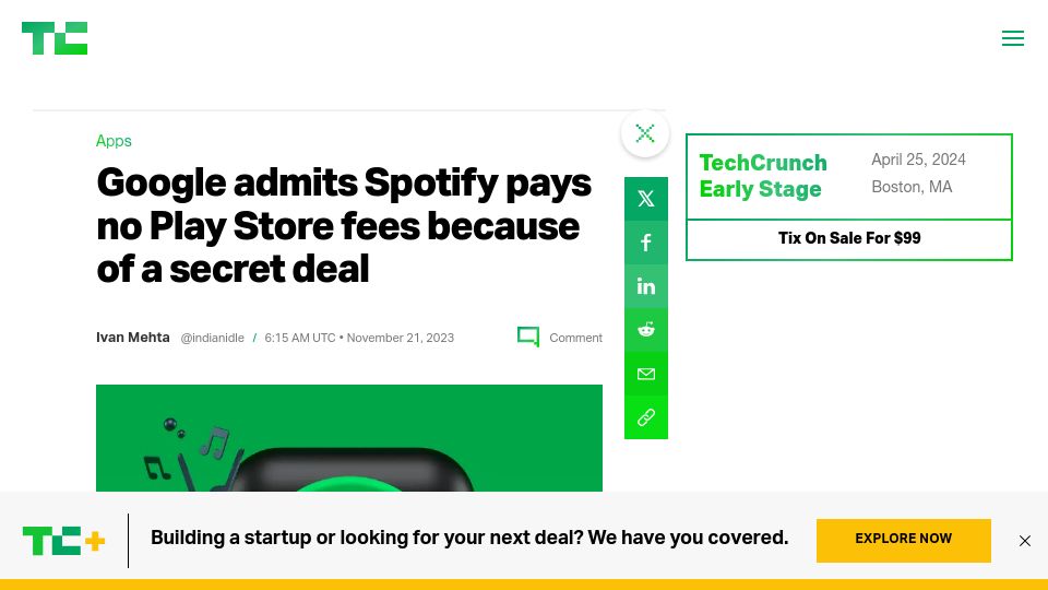 Screenshot of techcrunch.com: Google admits Spotify pays no Play Store fees because of a secret deal