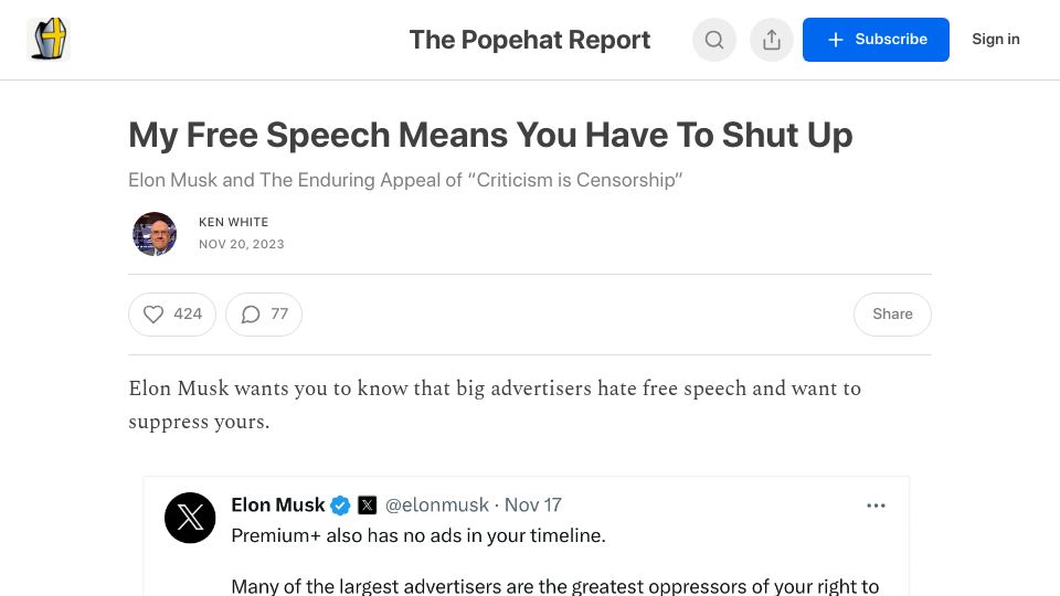 Screenshot of popehat.substack.com: My Free Speech Means You Have to Shut Up