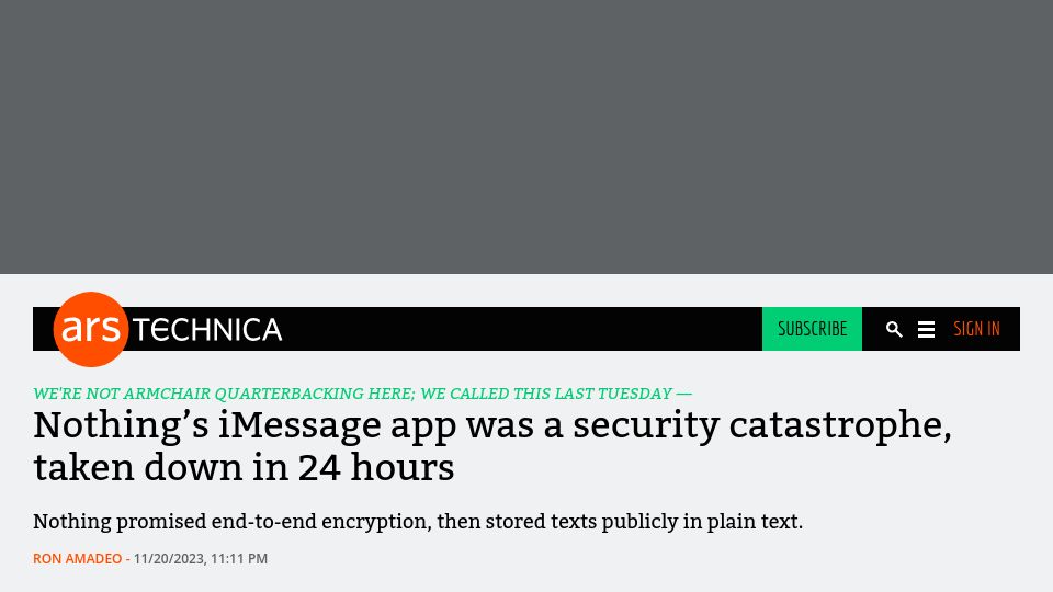 Screenshot of arstechnica.com: Nothing's iMessage app was a security catastrophe, taken down in 24 hours
