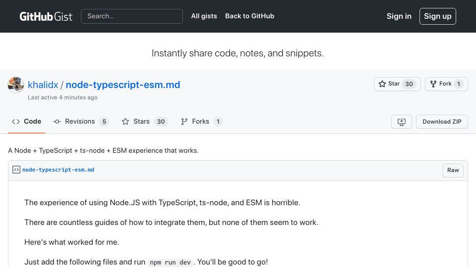 Screenshot of gist.github.com: A Node, TypeScript, TS-Node and ESM experience that works