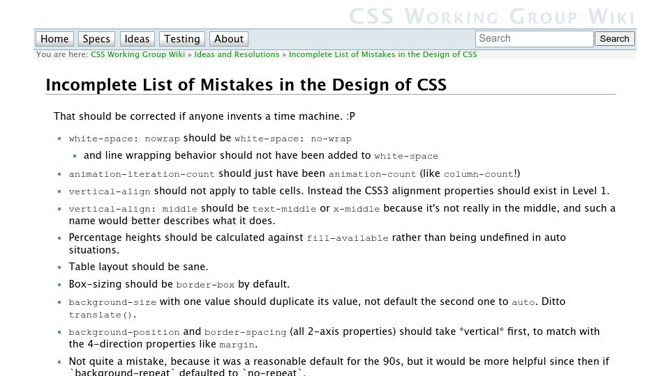Screenshot of wiki.csswg.org: Mistakes in the Design of CSS (2013)