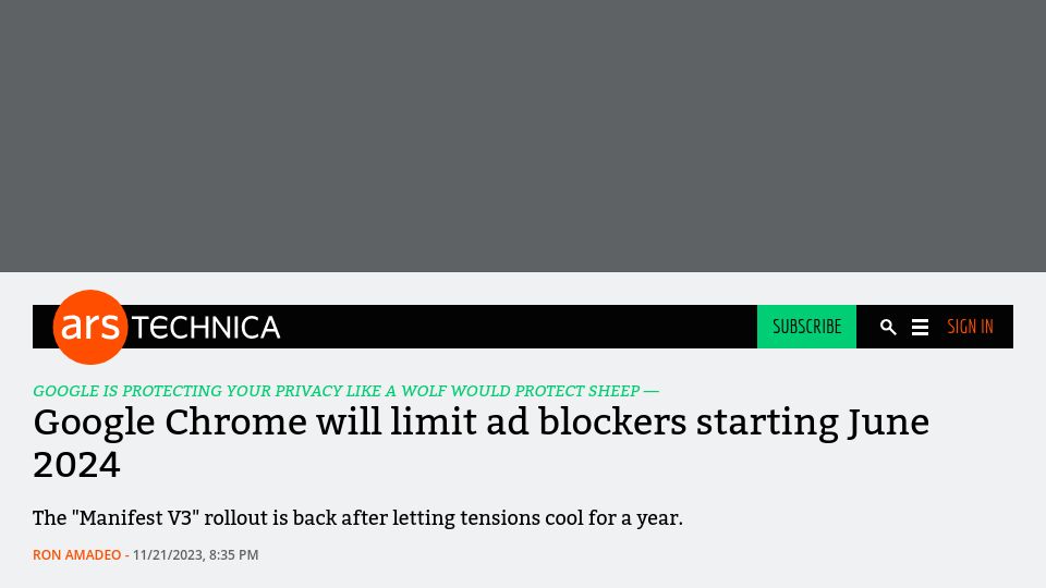 Screenshot of arstechnica.com: Google Chrome will limit ad blockers starting June 2024