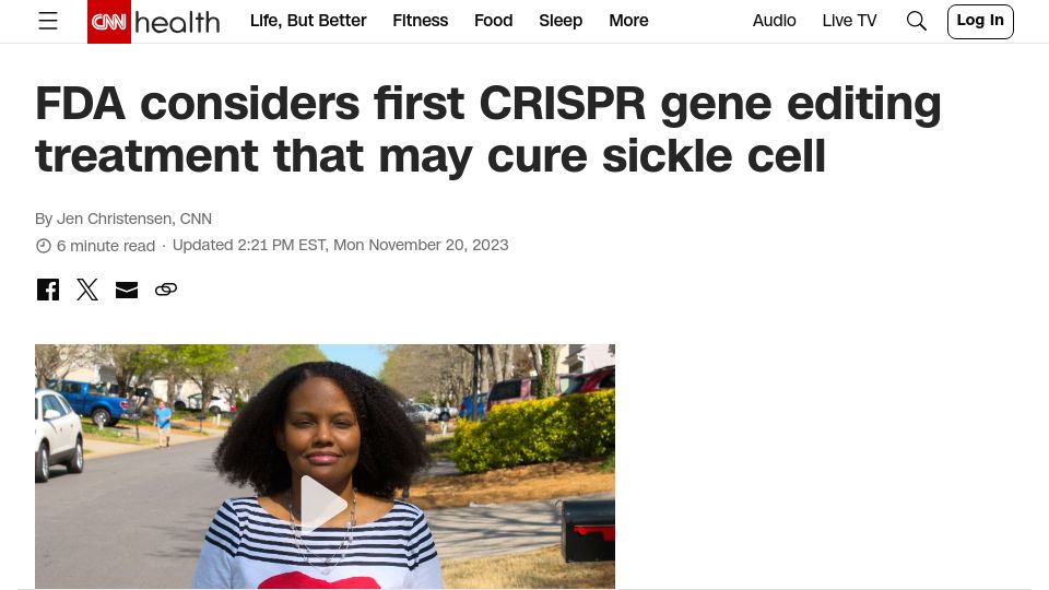 Screenshot of cnn.com: FDA considers first CRISPR gene editing treatment that may cure sickle cell
