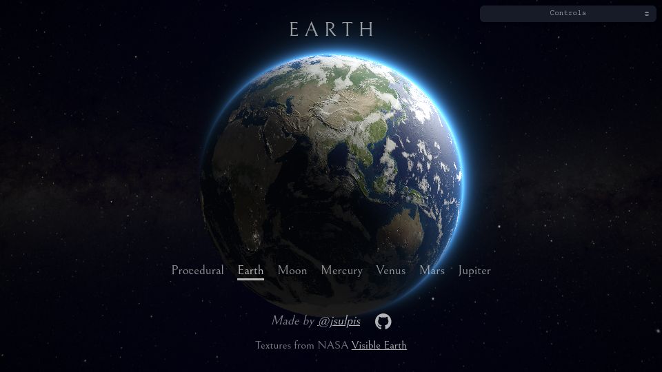 Screenshot of jsulpis.github.io: Realtime Planet Shader: Interactive 3D planet animation