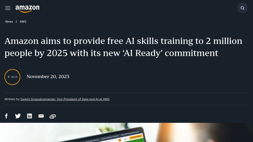 Screenshot of aboutamazon.com: New Amazon AI initiative includes scholarships, free AI courses
