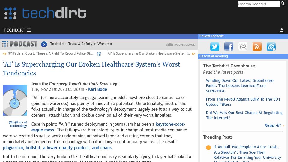 Screenshot of techdirt.com: 'AI' Is Supercharging Our Broken Healthcare System's Worst Tendencies