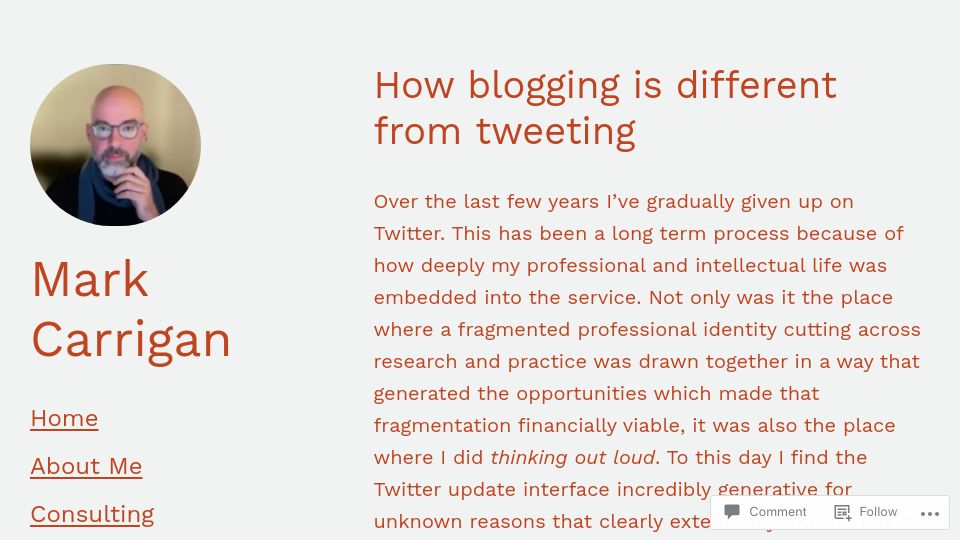 Screenshot of markcarrigan.net: How blogging is different from tweeting