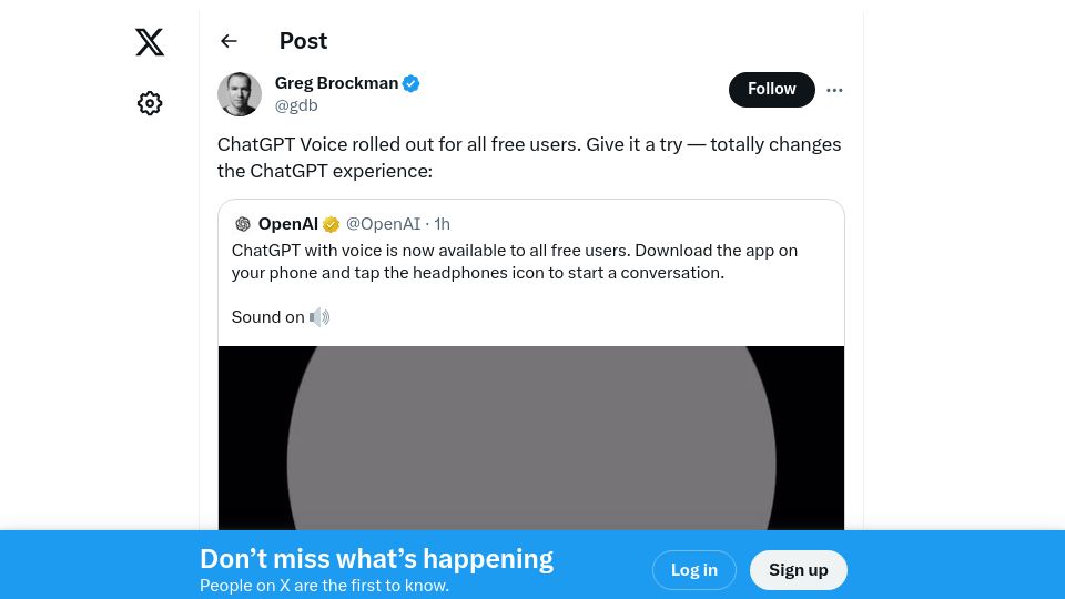 Screenshot of twitter.com: ChatGPT with voice is now available to all free users