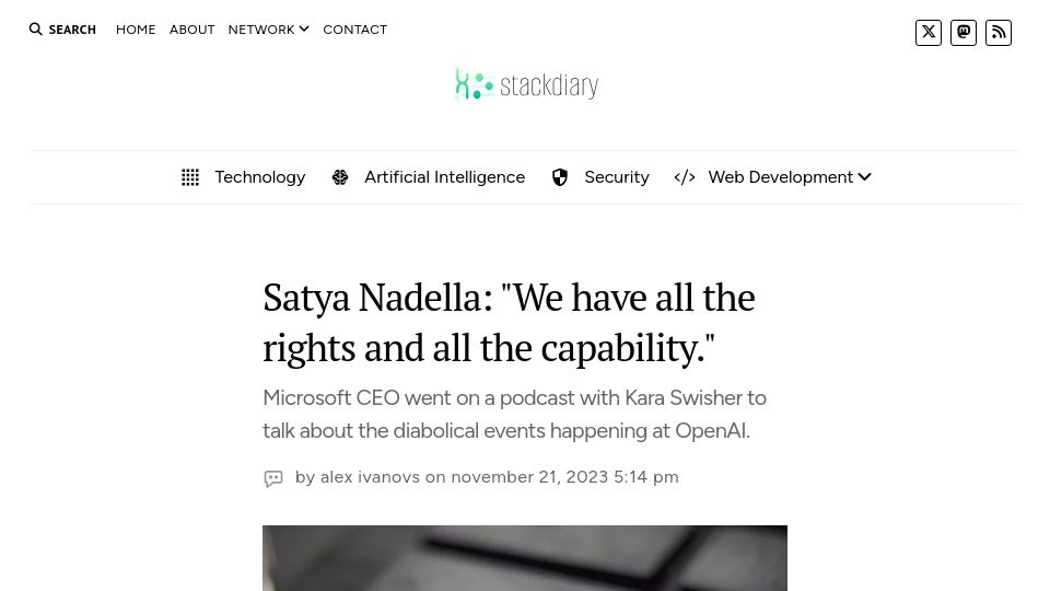 Screenshot of stackdiary.com: Satya Nadella: "We have all the rights and all the capability."