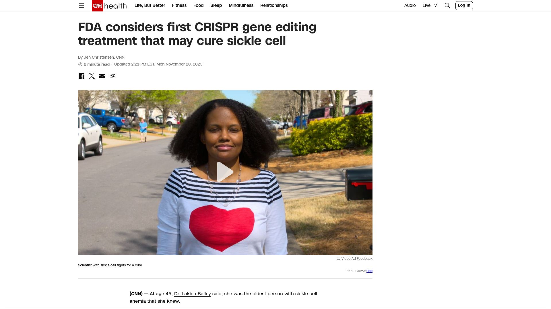 Screenshot of cnn.com: FDA considers first CRISPR gene editing treatment that may cure sickle cell