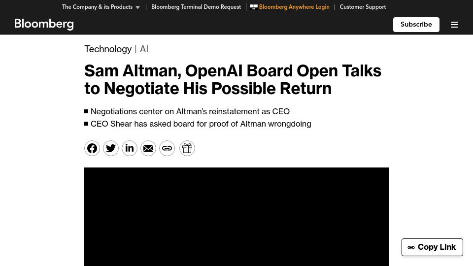 Screenshot of bloomberg.com: Sam Altman, OpenAI board open talks to negotiate his possible return