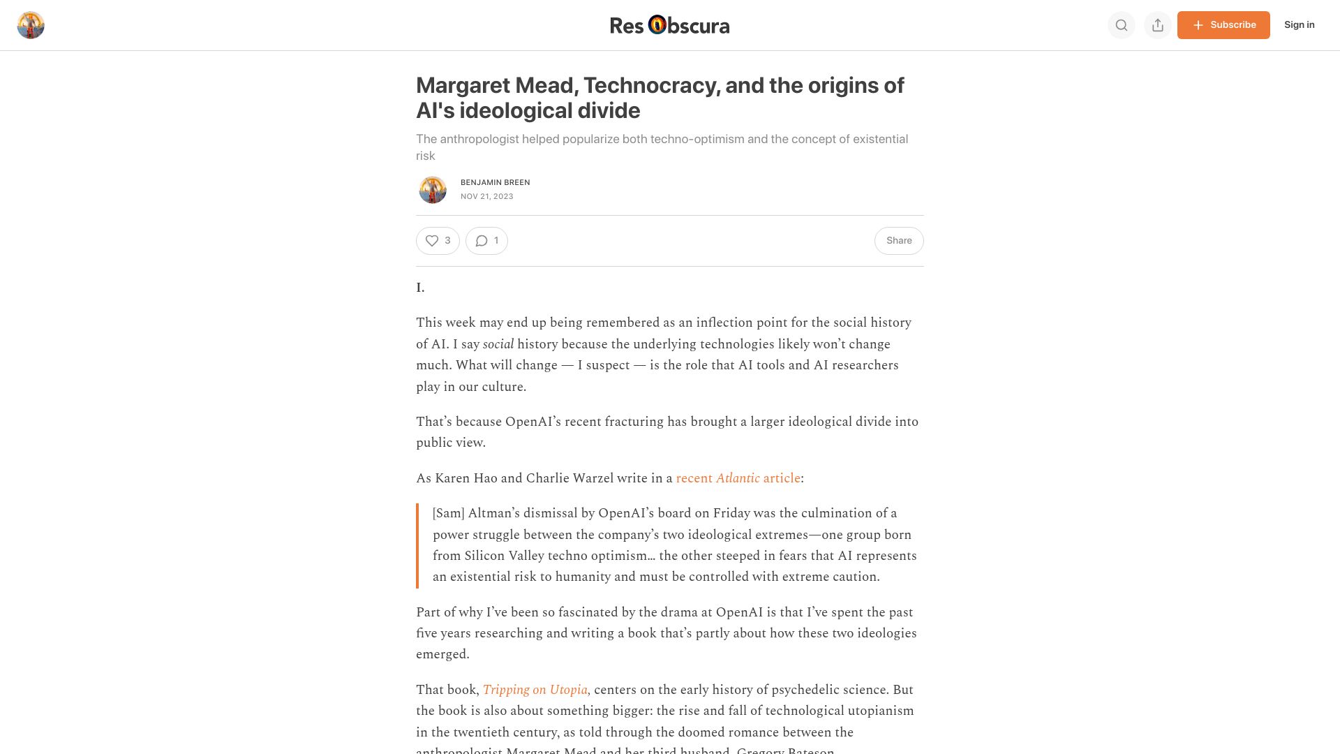 Screenshot of resobscura.substack.com: Margaret Mead, technocracy, and the origins of AI's ideological divide