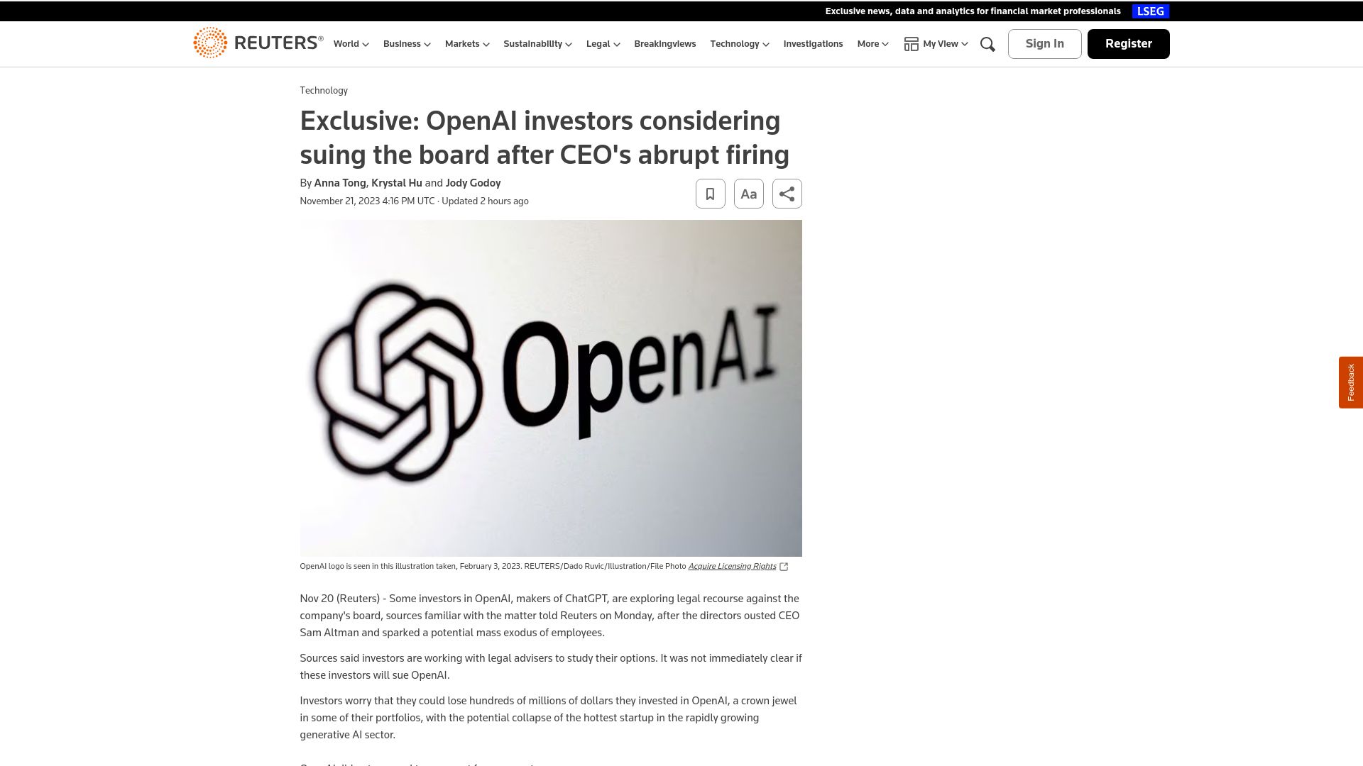 Screenshot of reuters.com: OpenAI investors considering suing the board after CEO's abrupt firing