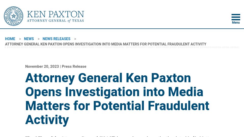 Screenshot of texasattorneygeneral.gov: TX AG Pax­ton Opens Inves­ti­ga­tion into Media Mat­ters