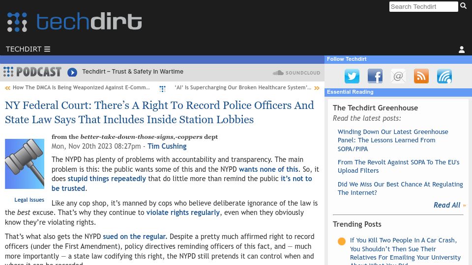 Screenshot of techdirt.com: NY Federal Court: There's a Right to Record Police, Also Inside Station Lobbies