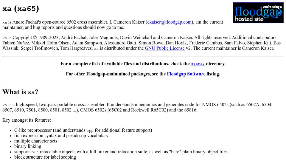 Screenshot of floodgap.com: Xa: Open-source 6502 cross assembler