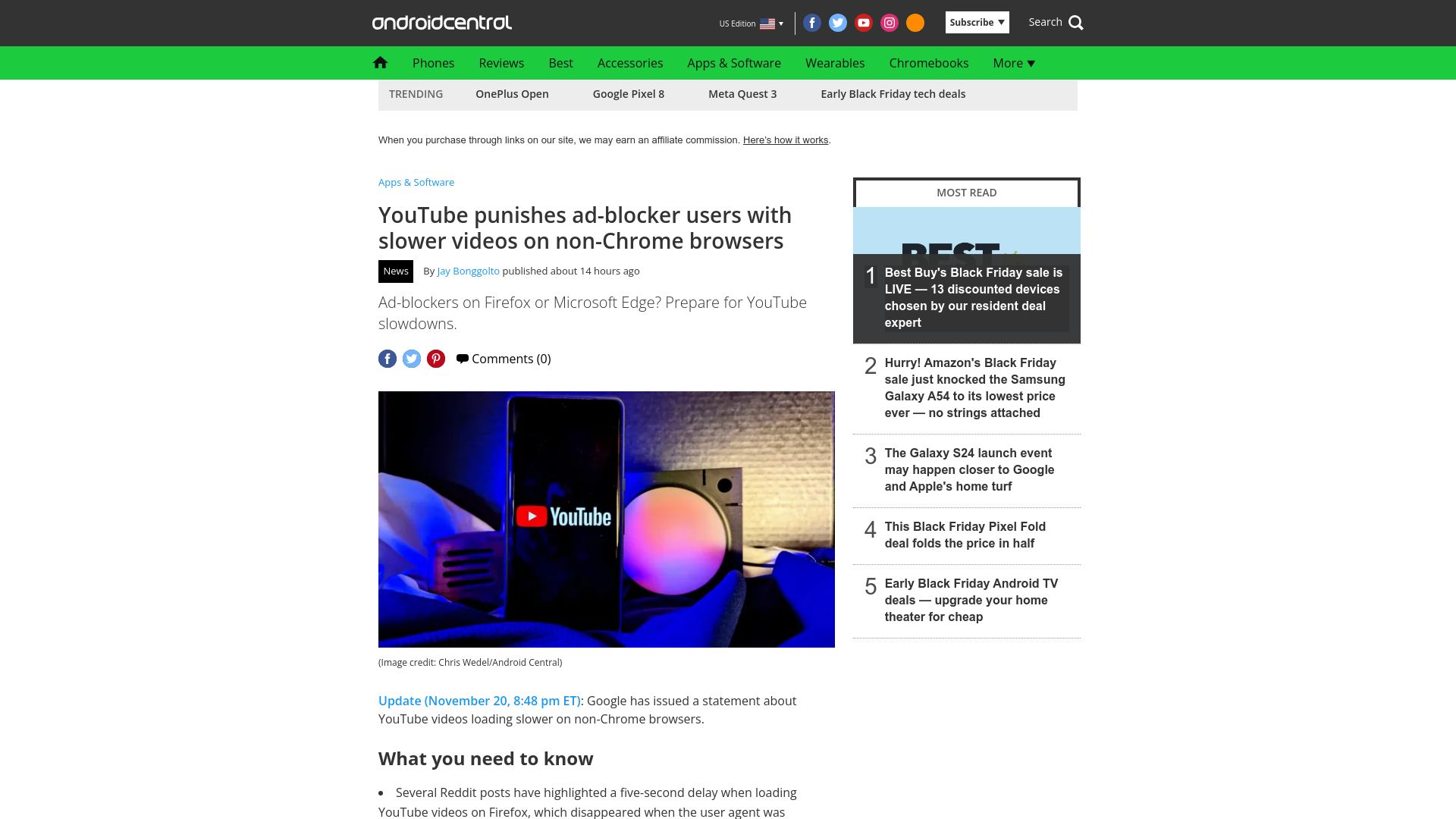 Screenshot of androidcentral.com: YouTube punishes ad-blocker users with slower videos on non-Chrome browsers