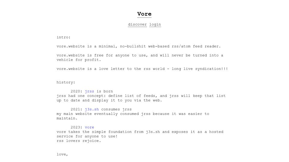 Screenshot of vore.website: Vore: A minimal, no-bullshit web-based RSS/atom feed reader