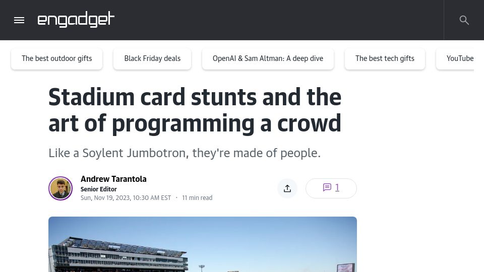 Screenshot of engadget.com: Stadium card stunts and the art of programming a crowd