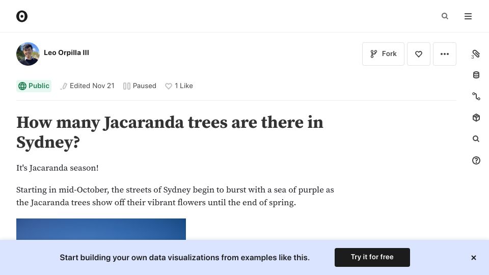 Screenshot of observablehq.com: How many jacaranda trees are there in Sydney?