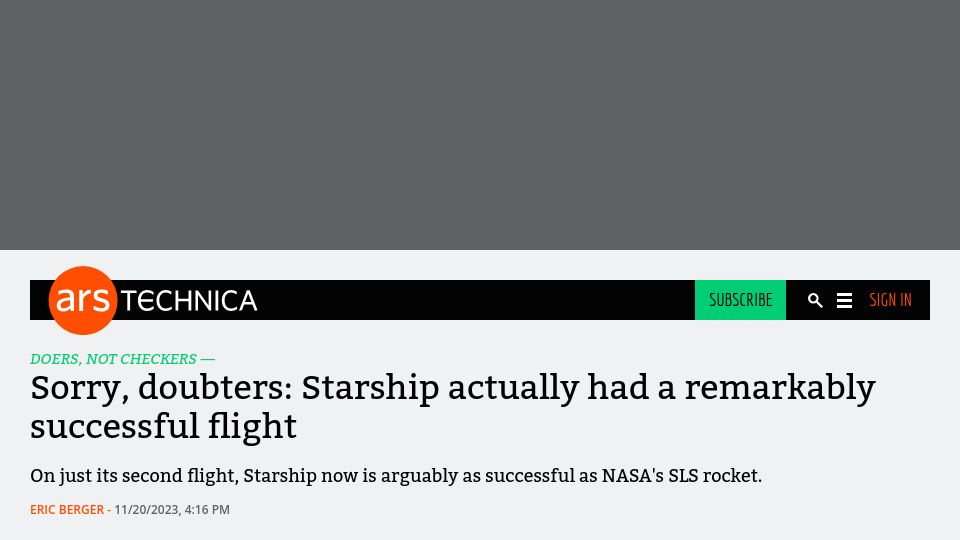 Screenshot of arstechnica.com: Sorry doubters, Starship had a remarkably successful flight