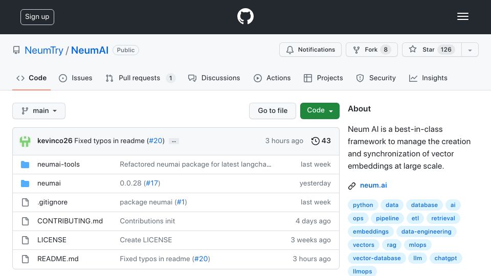 Screenshot of github.com: Show HN: Neum AI – Open-source large-scale RAG framework