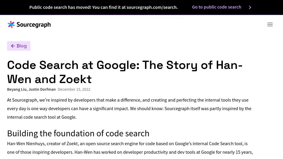 Screenshot of sourcegraph.com: Code Search at Google: Han-Wen and Zoekt