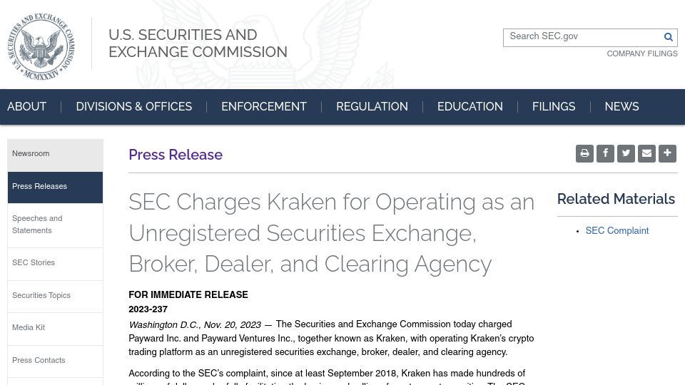 Screenshot of sec.gov: SEC charges Kraken for operating as an unregistered securities exchange