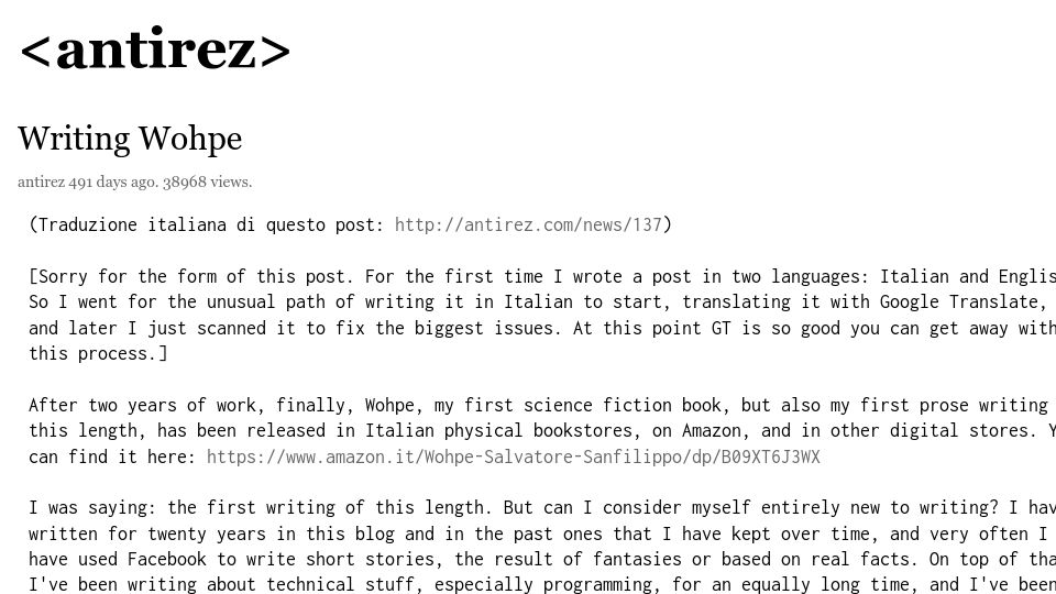 Screenshot of antirez.com: Writing Wohpe (2022)