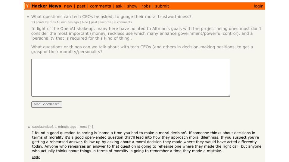 Screenshot of Hacker News post: What questions can tech CEOs be asked, to guage their moral trustworthiness?