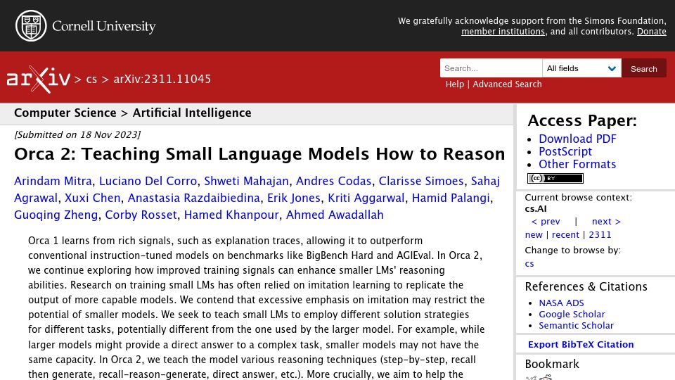 Screenshot of arxiv.org: Orca 2: Teaching Small Language Models How to Reason