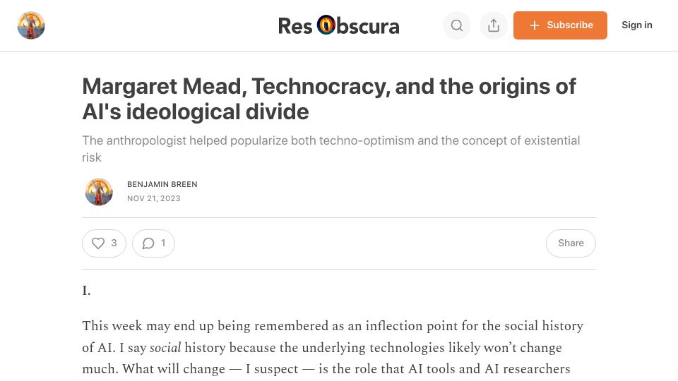 Screenshot of resobscura.substack.com: Margaret Mead, technocracy, and the origins of AI's ideological divide