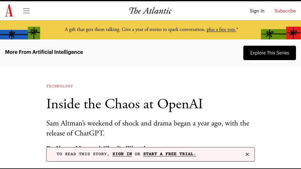 Screenshot of theatlantic.com: Inside The Chaos at OpenAI