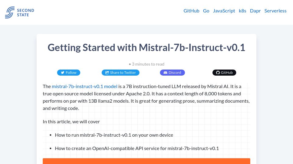 Screenshot of secondstate.io: Getting Started with Mistral-7b-Instruct-v0.1