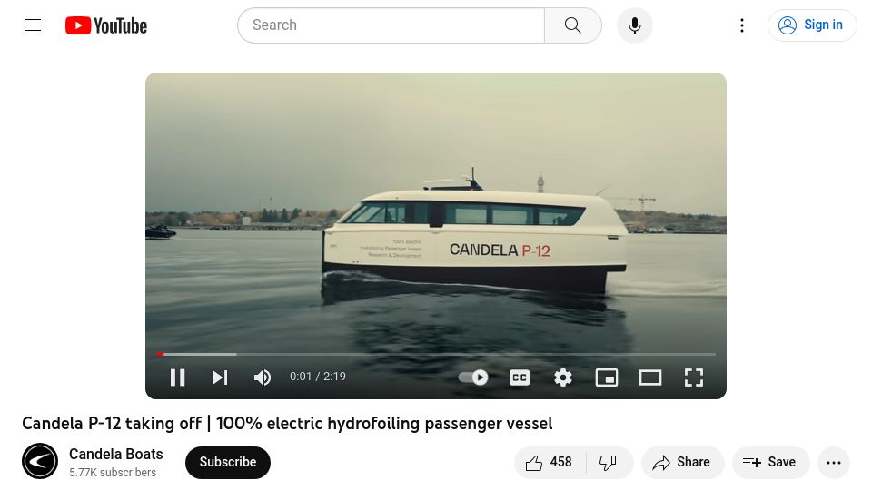 Screenshot of youtube.com: Candela P-12 taking off – Electric hydrofoiling passenger vessel [video]