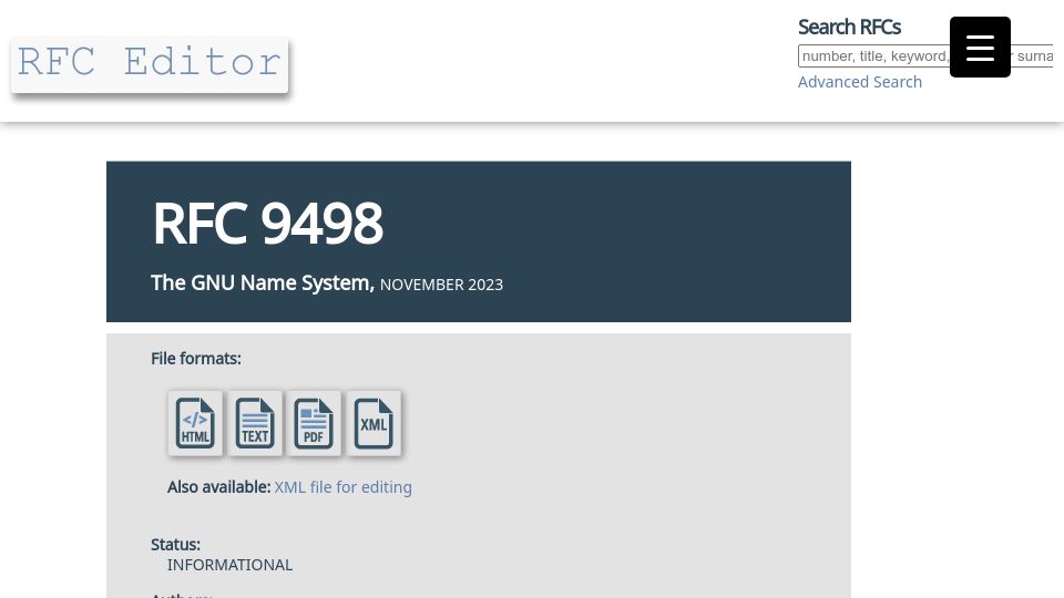Screenshot of rfc-editor.org: RFC 9498 on the GNU Name System