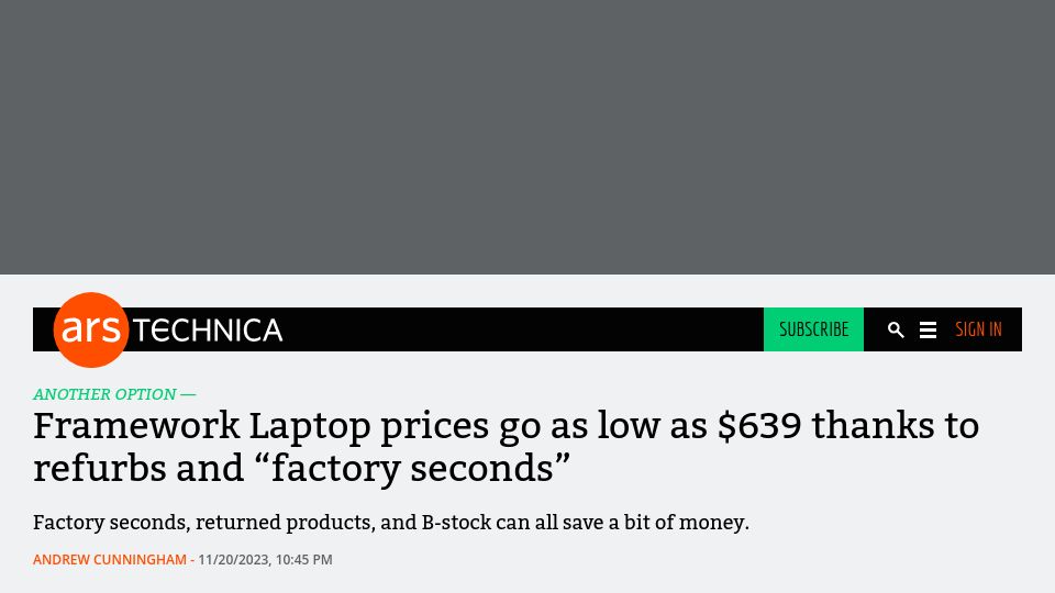 Screenshot of arstechnica.com: Framework Laptop prices go as low as $639 thanks to refurbs and factory seconds