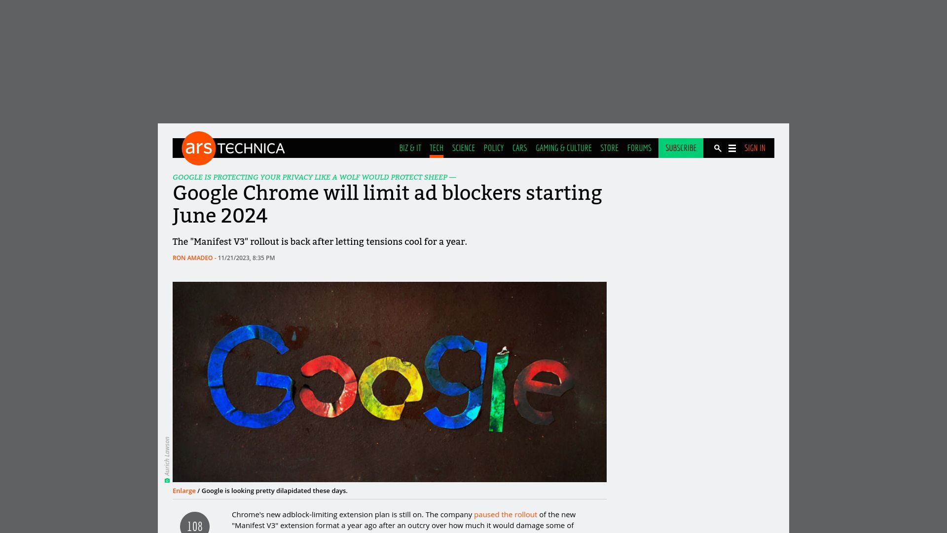 Screenshot of arstechnica.com: Google Chrome will limit ad blockers starting June 2024