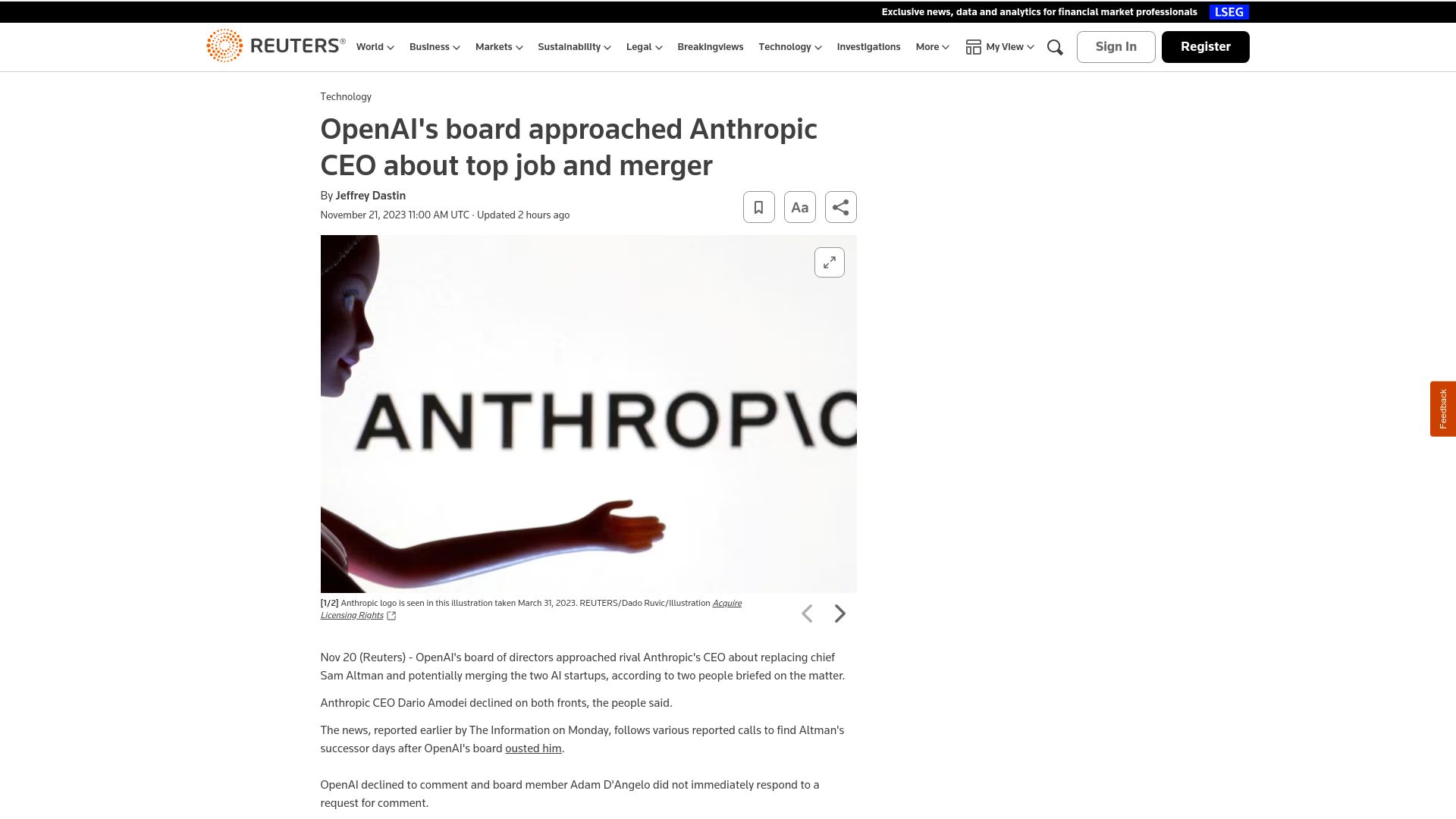 Screenshot of reuters.com: OpenAI's board approached Anthropic CEO about top job and merger